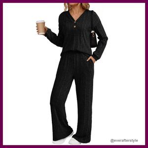 Ribbed Knit Lounge Set V Neck Button Top Wide Leg Pants Cozy Chic